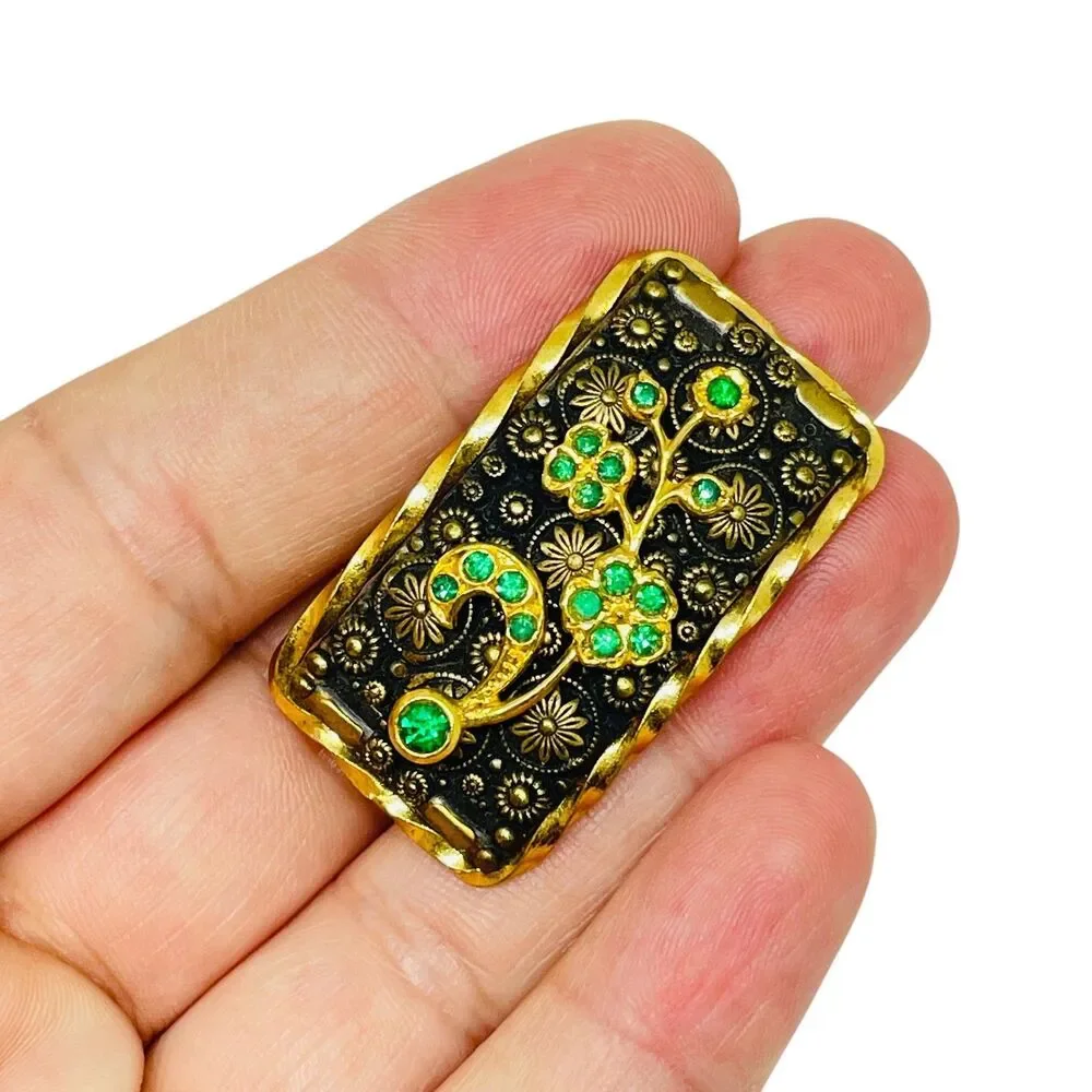 Vintage CZECHO signed gold plated emerald rhinestones brooch